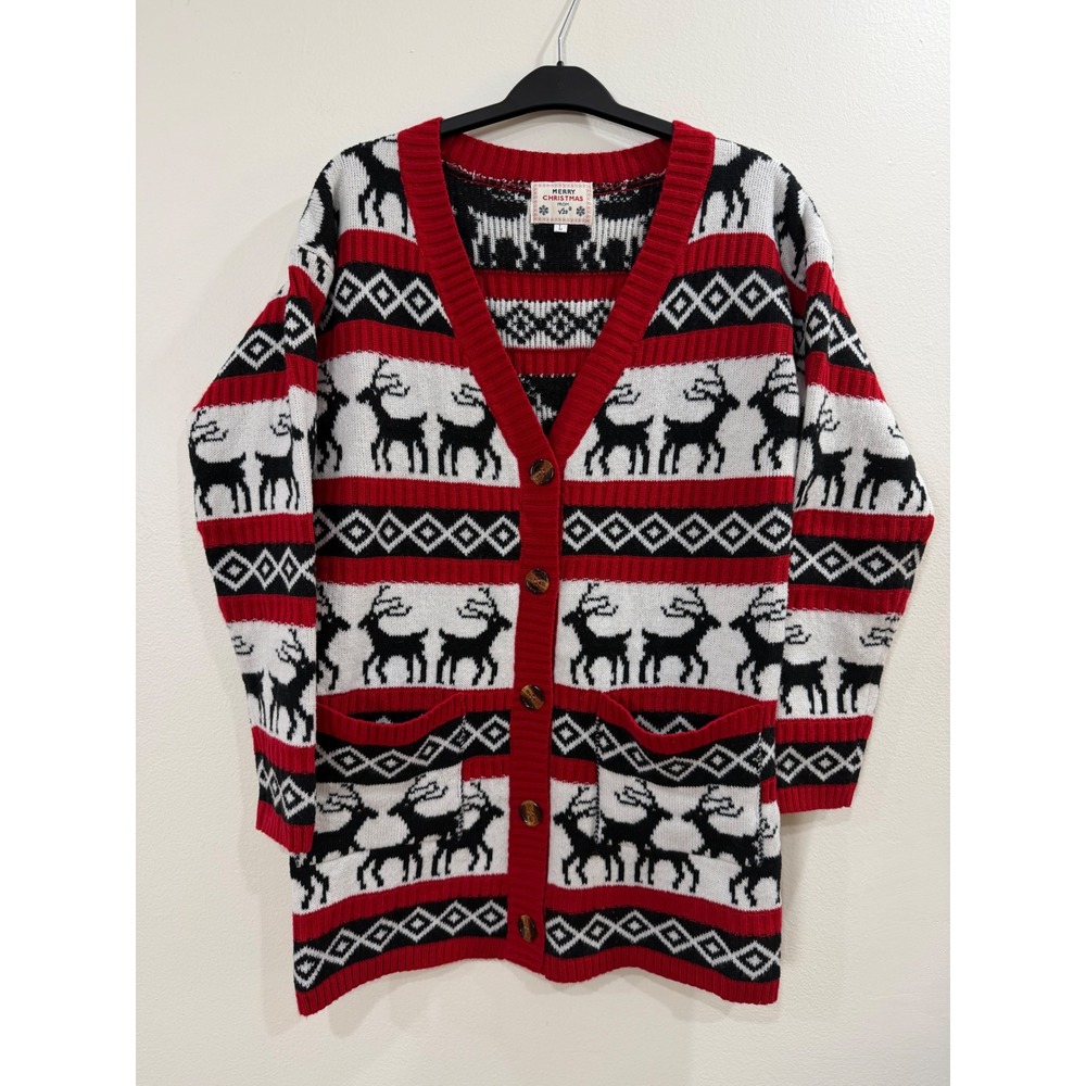 V28 Christmas Reindeer Cardigan Women Large Red White Black Fair Isle Holiday